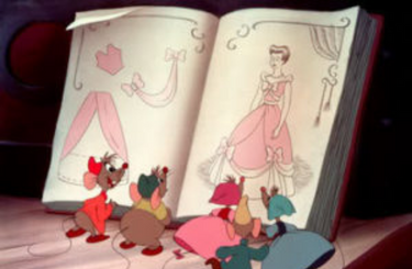 Cartoon image of mouses looking at Cinderella in a book